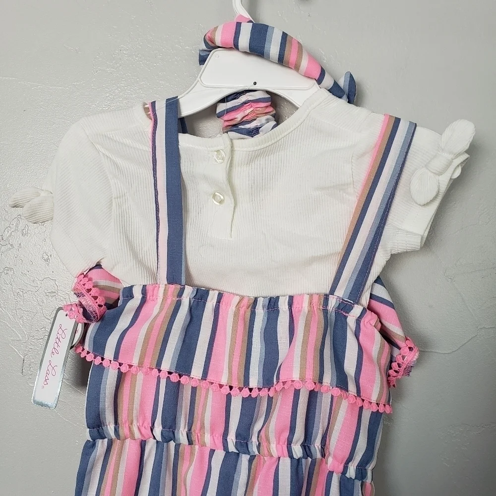 Little Lass NWT Three Piece Outfit Set 5 Jumpsuit Pink Blue White Striped Ruffle - Picture 6 of 8